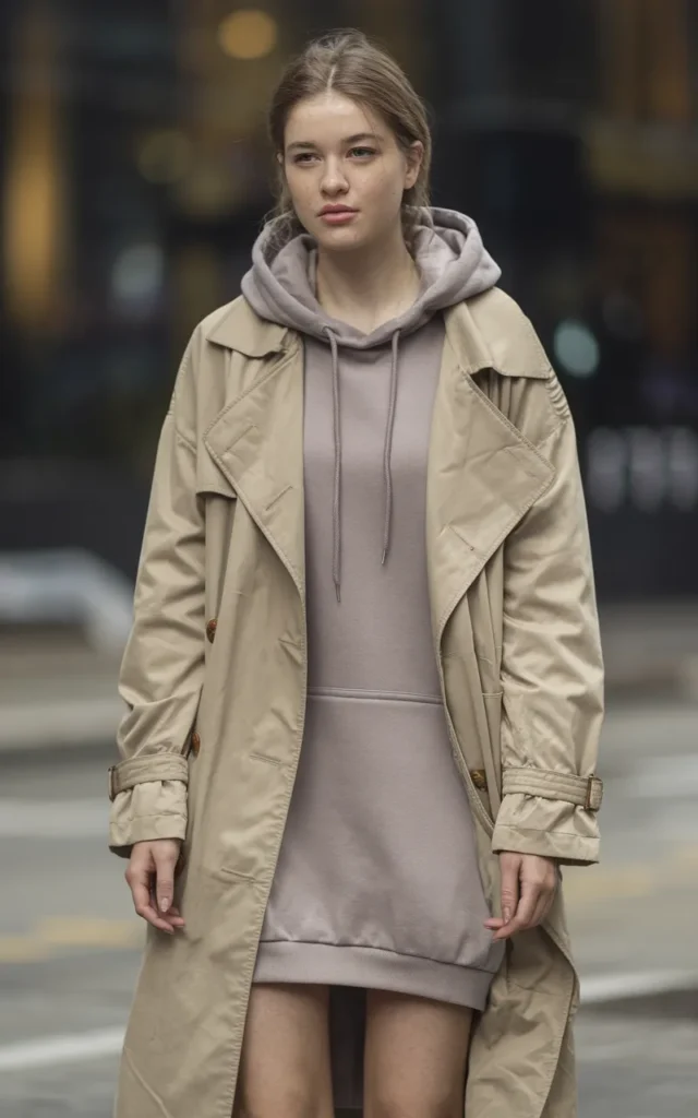 Layer a trench over a hoodie dress and boots