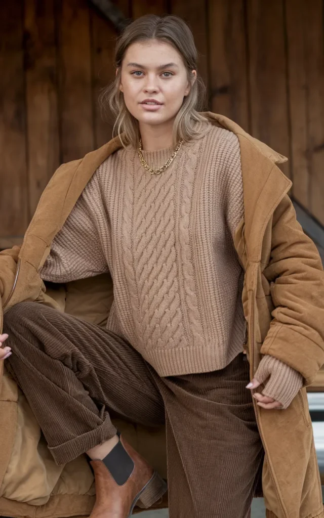 Pair a cable-knit sweater with corduroy pants and boots