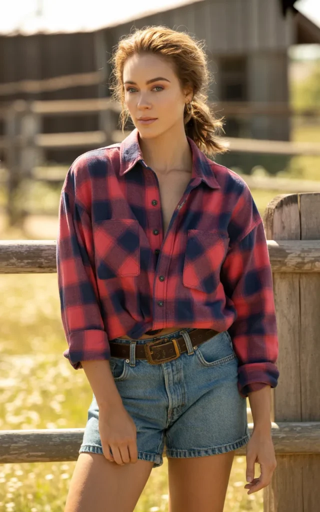Pair a classic plaid shirt with high-waisted denim shorts