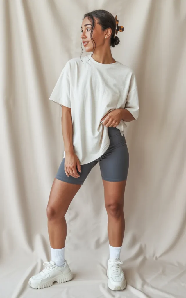 Pair a crisp white oversized tee with grey biker shorts