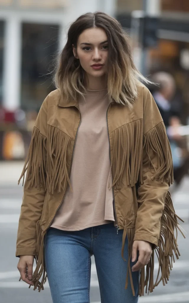 Pair a fringe jacket with skinny jeans and boots