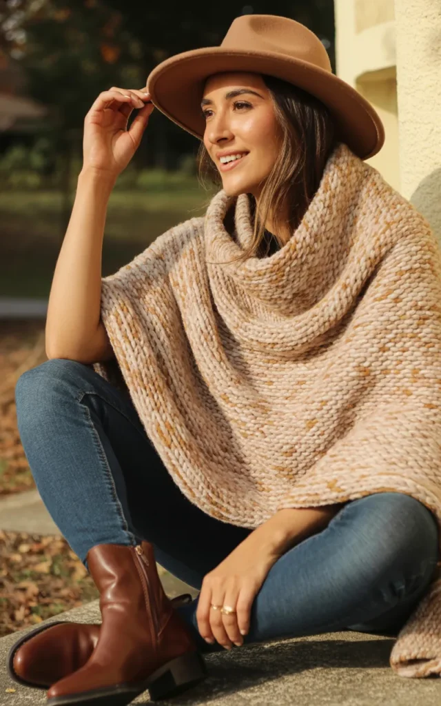 Pair a knit poncho with skinny jeans and ankle boots