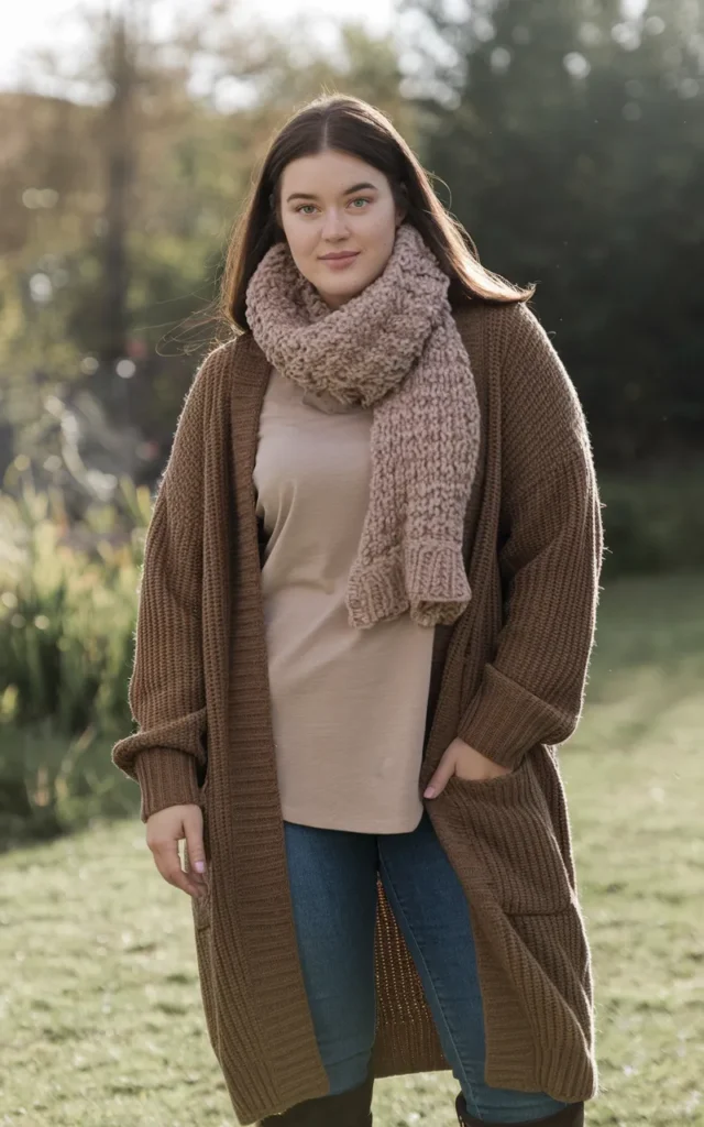 Pair a long cardigan with a scarf, jeans, and boots