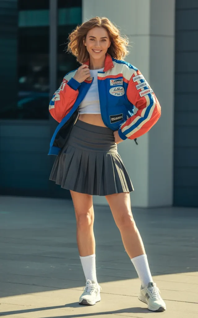 Pair a racing jacket with a pleated mini skirt