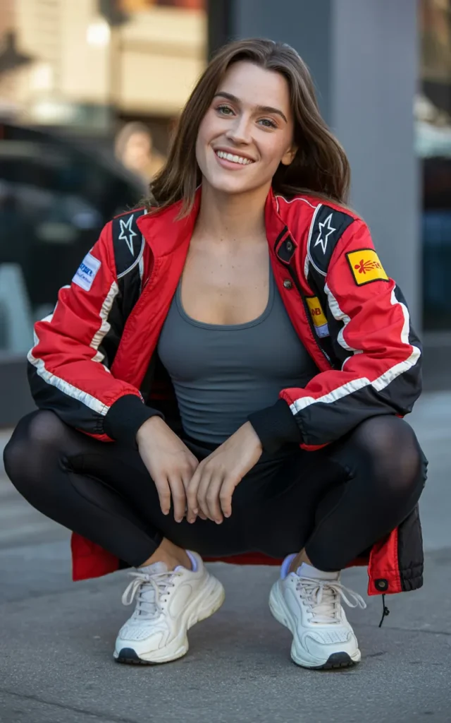 Pair a racing jacket with leggings and chunky sneakers
