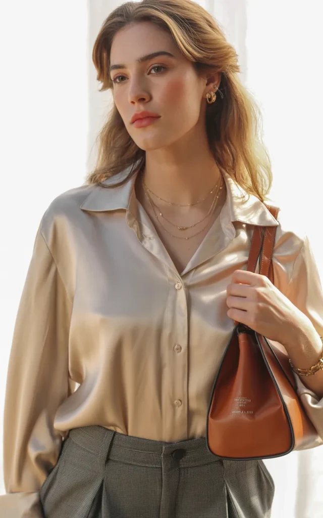 Pair a silk blouse with tailored pants