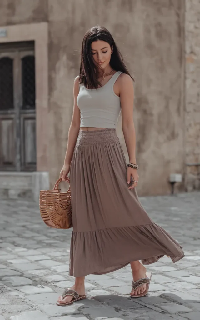 Pair a simple tank with a flowy maxi skirt