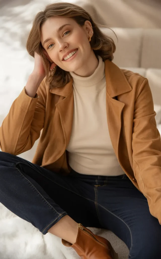 Pair a suede jacket with a fitted turtleneck and jeans