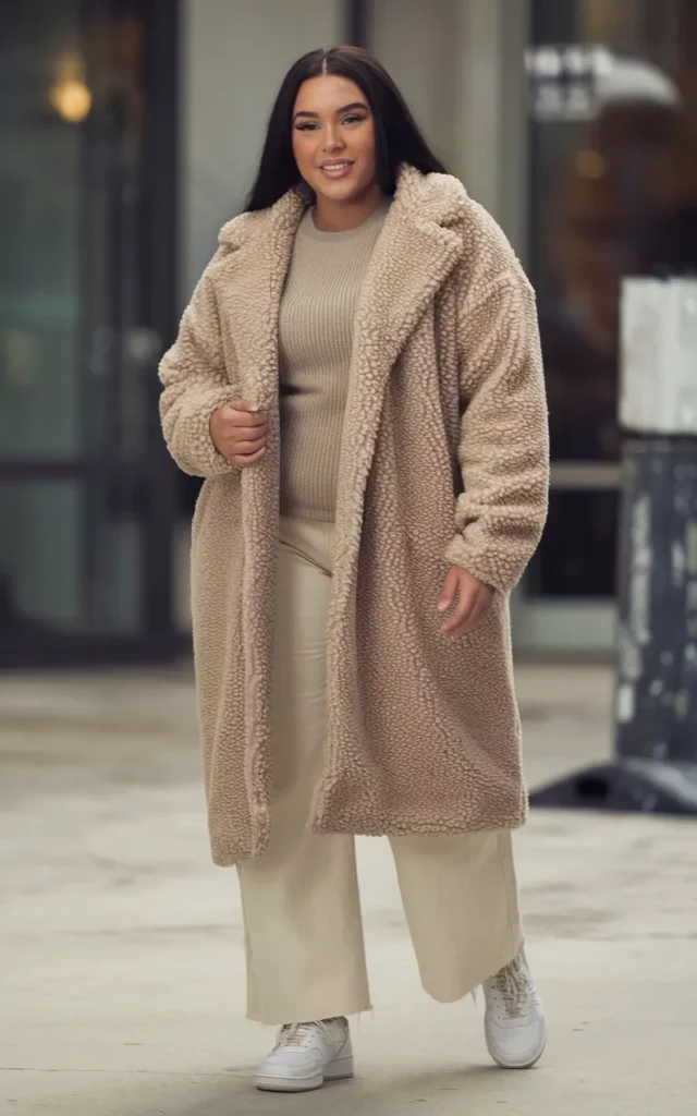 Pair a teddy coat with straight-leg pants and sneakers