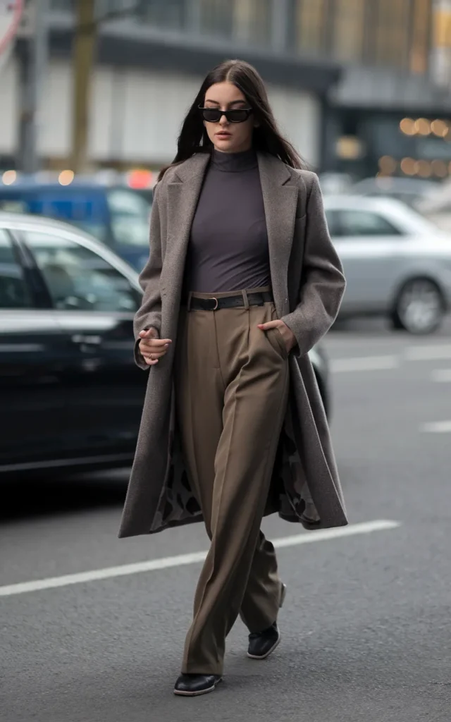 Pair a turtleneck with straight-leg trousers