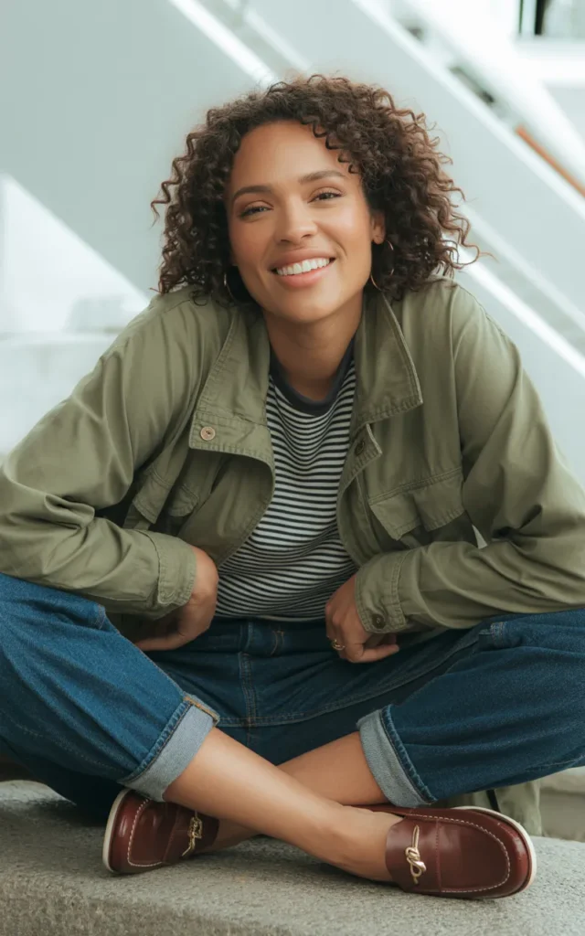 Pair a utility jacket with a striped tee and dark denim