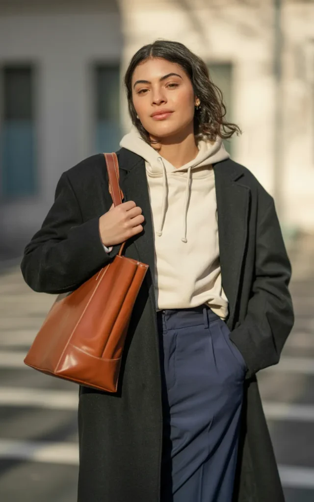 Pair a wool coat with a hoodie and tailored trousers