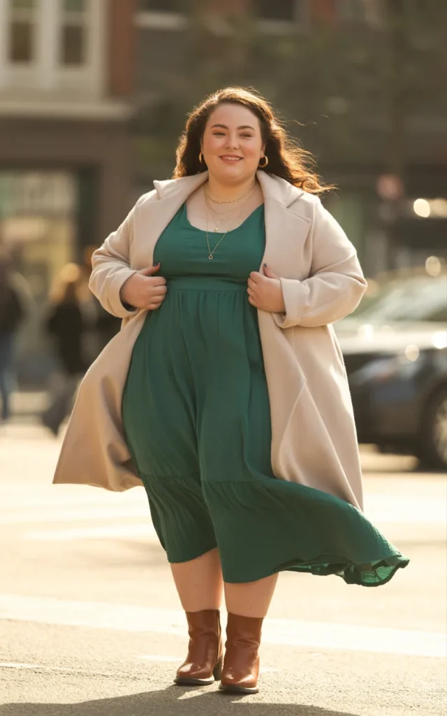 Pair a wrap coat with a midi dress and boots