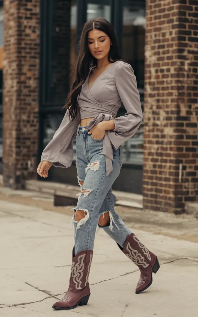 Pair a wrap top with distressed denim and statement boots