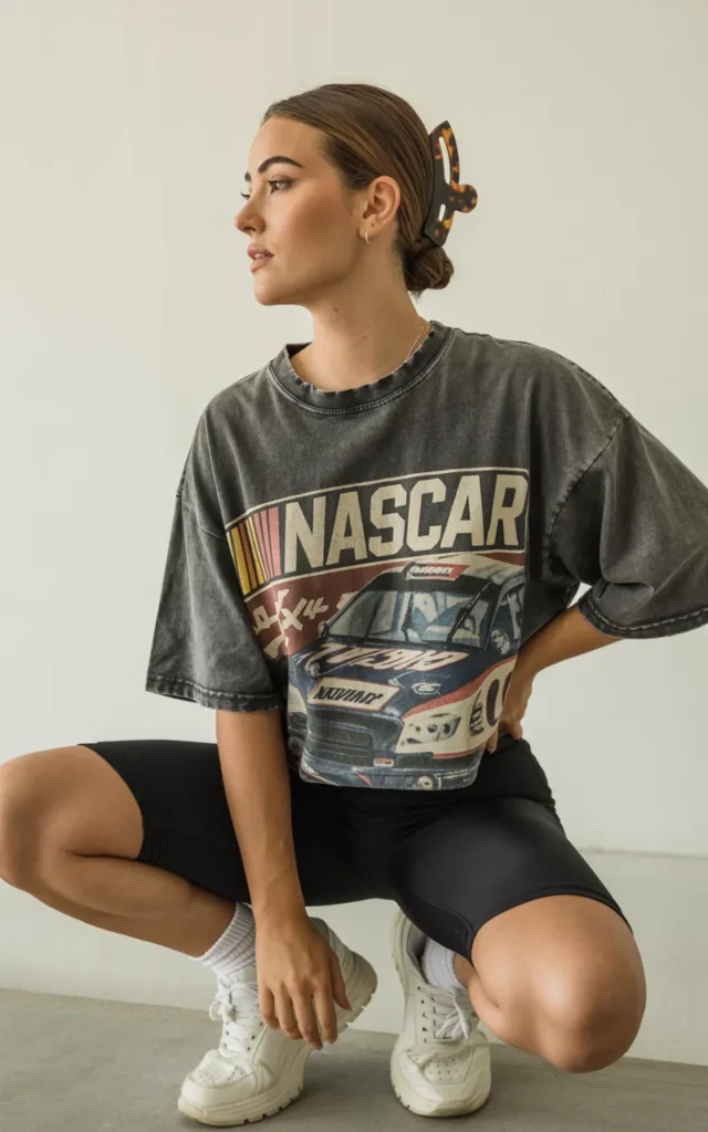 Pair an oversized NASCAR tee with biker shorts