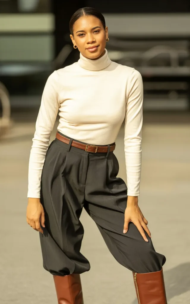 Pair wide-leg trousers with a fitted turtleneck