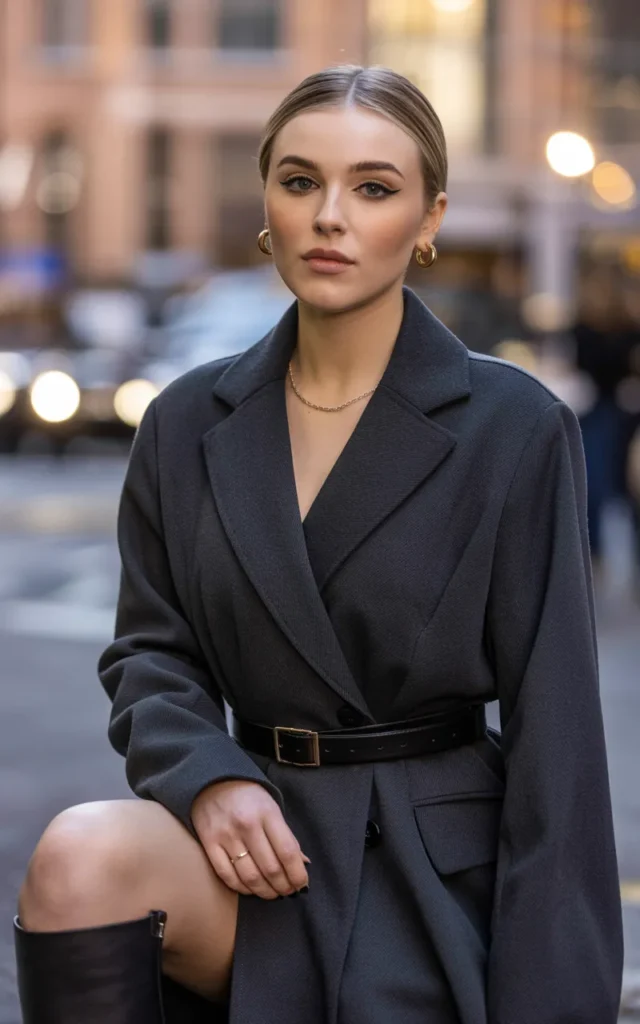 Style a belted coat as a dress with tall boots