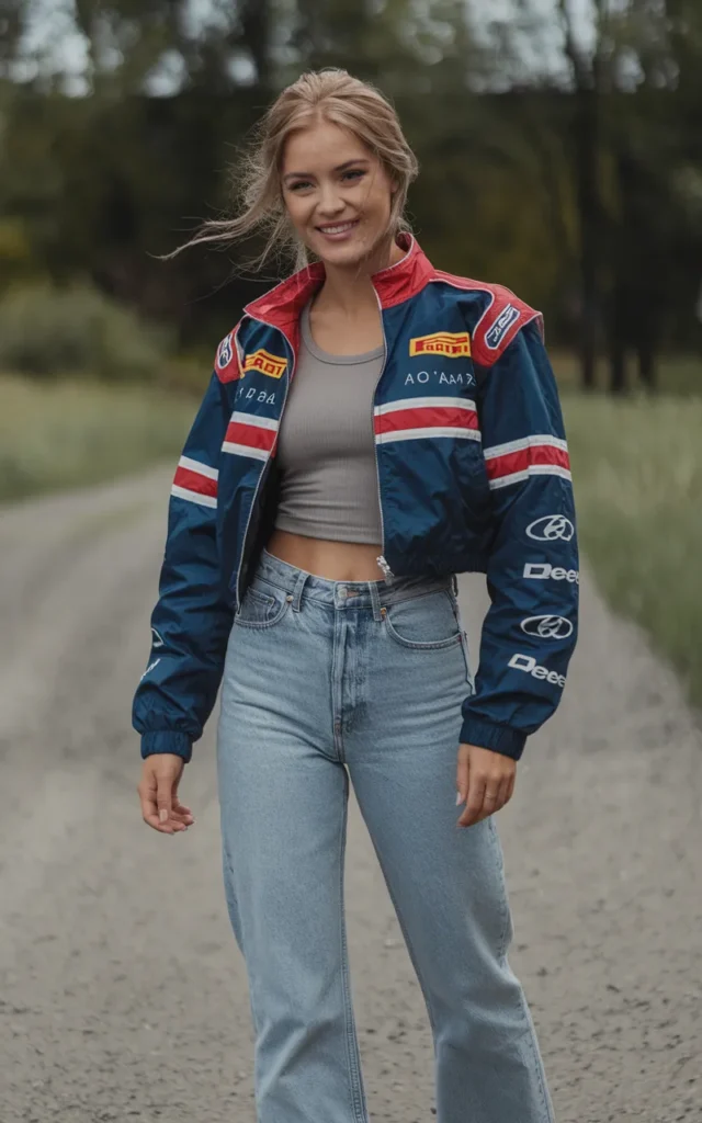 Style a cropped racing jacket with high-waisted jeans