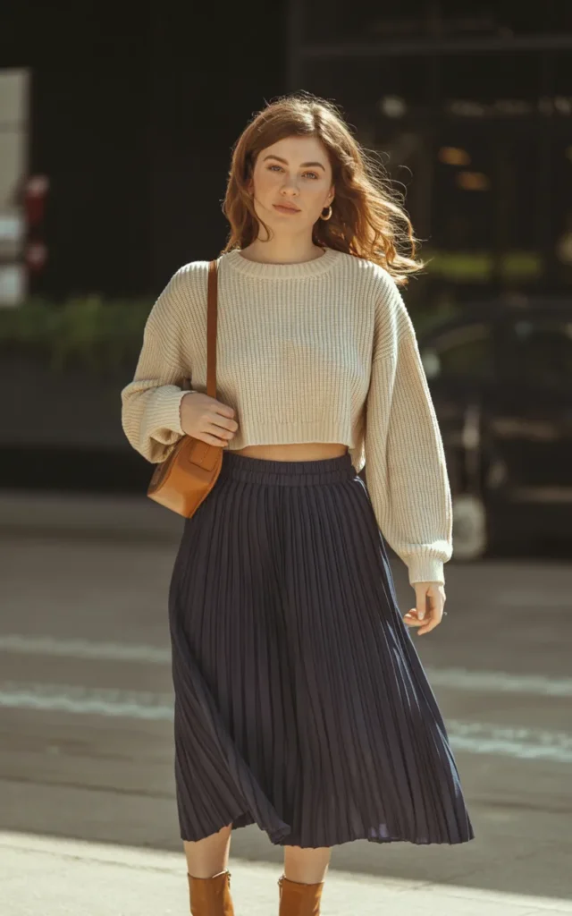 Style a cropped sweater with a pleated skirt