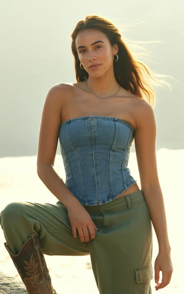 Style a denim corset with cargo pants