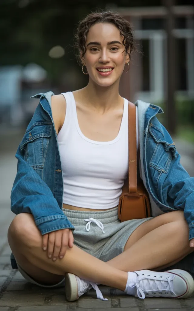 Style a denim jacket over a tank and grey shorts