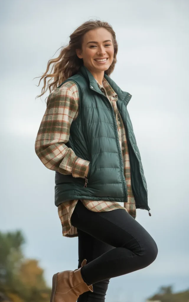 Style a flannel shirt with a puffer vest and leggings