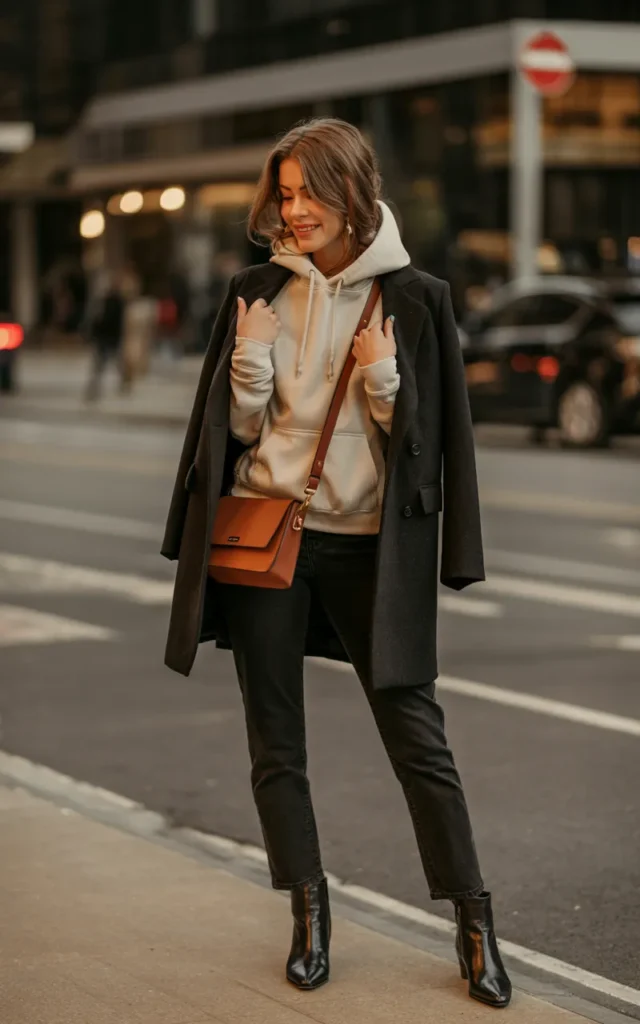 Style a hoodie with a tailored coat and boots