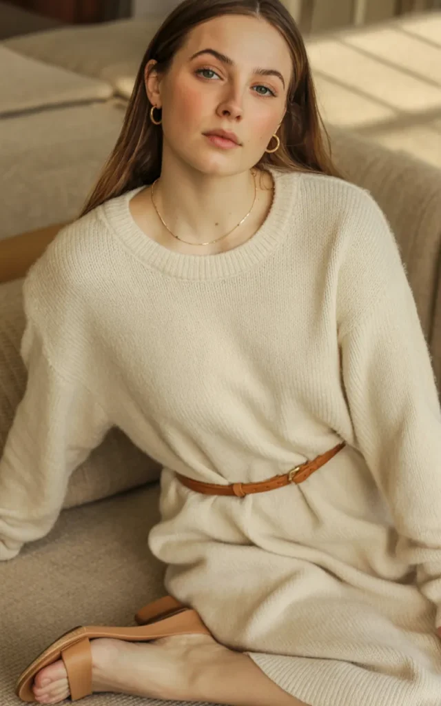 Style a knit dress with a belt and sandals