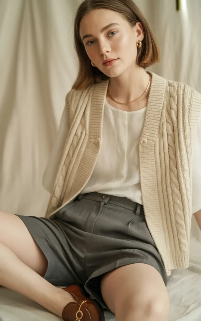 Style a knit vest with grey tailored shorts