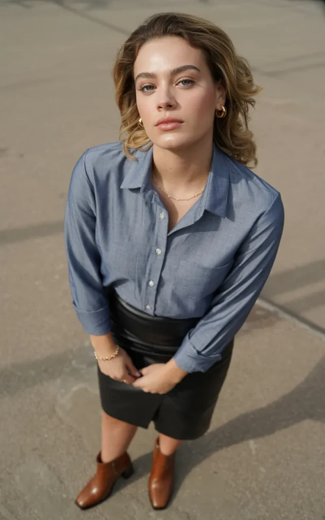 Style a leather skirt with a tucked-in chambray shirt