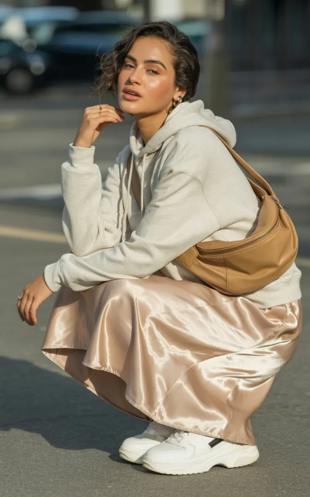 Style a lightweight hoodie with a satin skirt