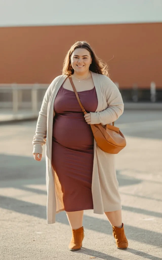 Style a long cardigan with a fitted dress and boots
