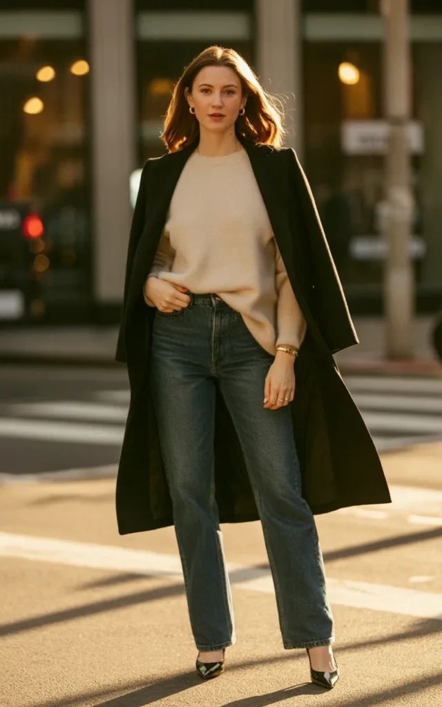 Style a long wool coat with jeans and heels