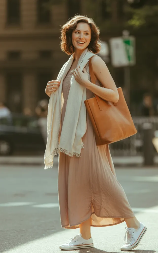 Style a maxi dress with sneakers and a light scarf