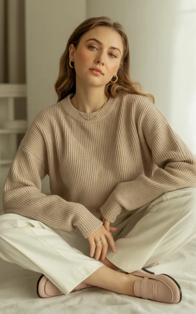 Style a monochrome outfit in soft neutrals