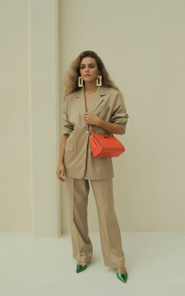 Style a neutral co-ord set with bold accessories