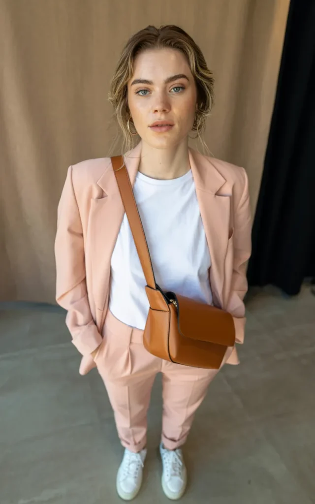 Style a pastel suit with a basic tee and sneakers