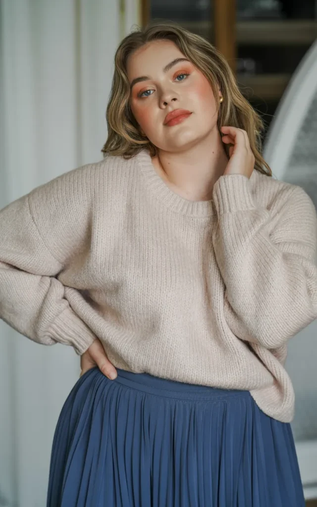 Style a pleated skirt with a chunky sweater