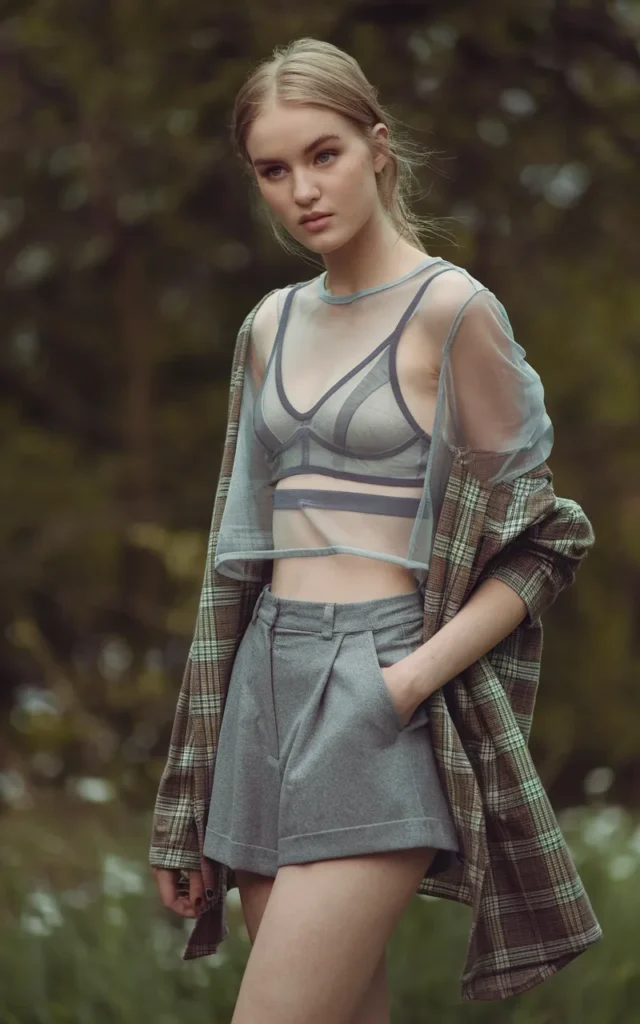 Style a sheer top layered over a bralette with grey shorts