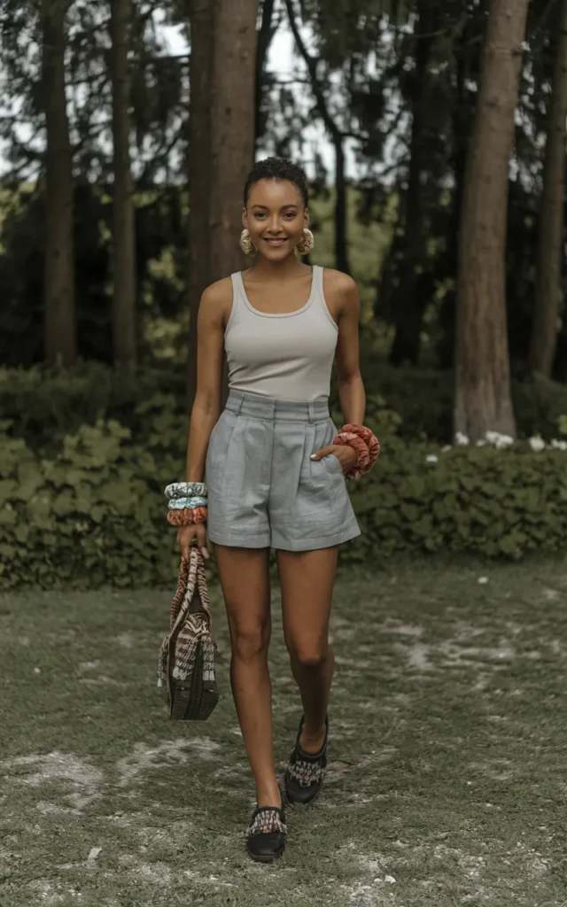 Style a simple tank and grey shorts with bold accessories