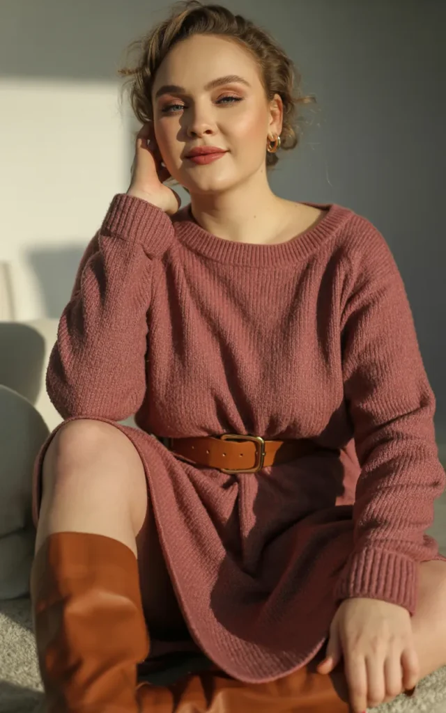 Style a sweater dress with knee-high boots
