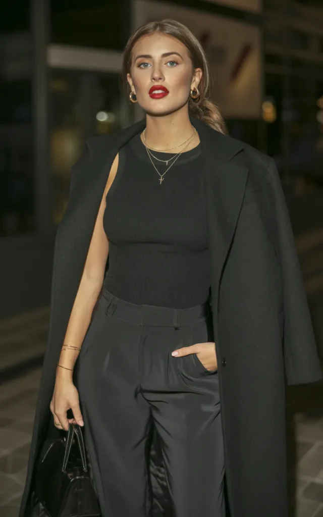 Style a tailored coat over a monochrome outfit