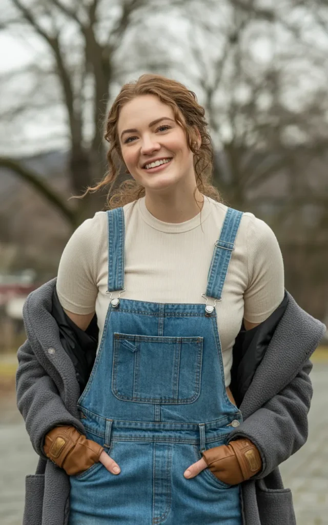 Style a thermal top with overalls and boots