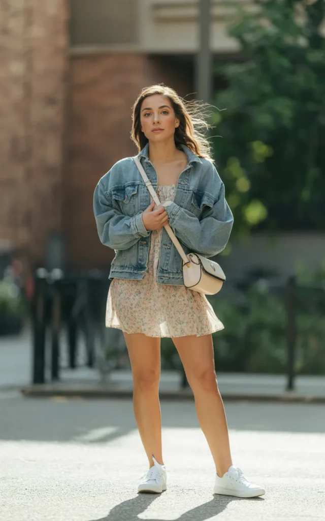 Throw a denim jacket over a floral mini dress