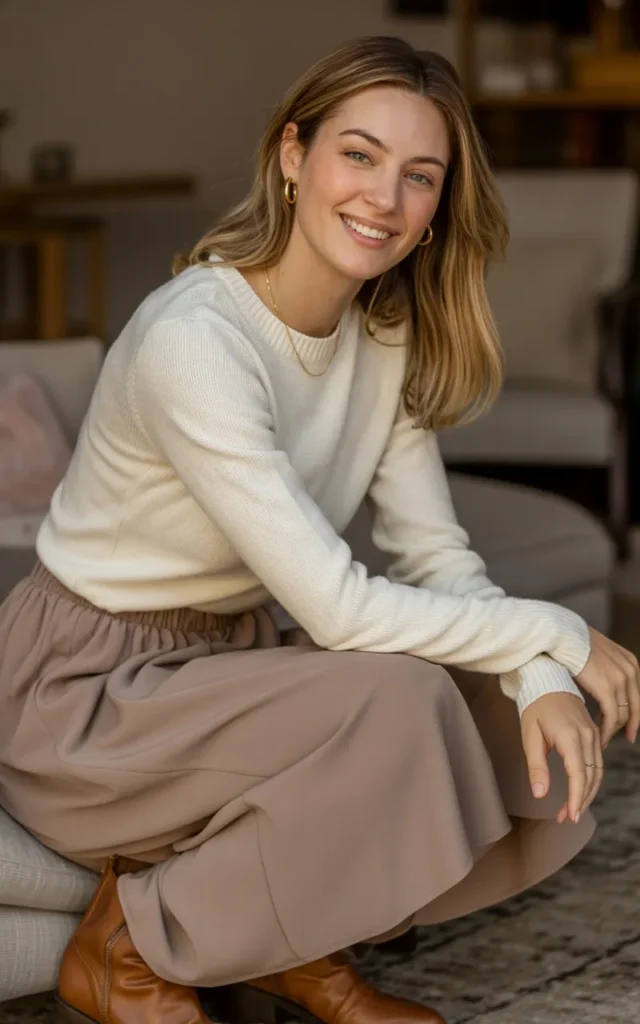 Tuck a fitted knit into a midi skirt