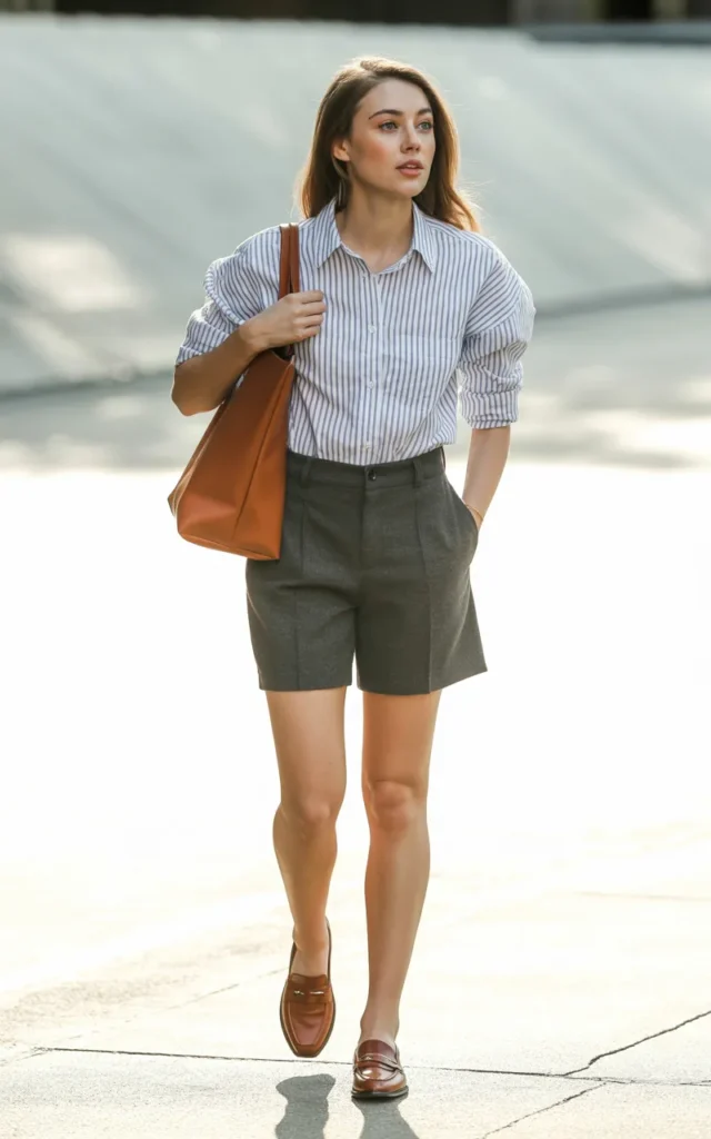 Tuck a striped button-down into tailored grey shorts