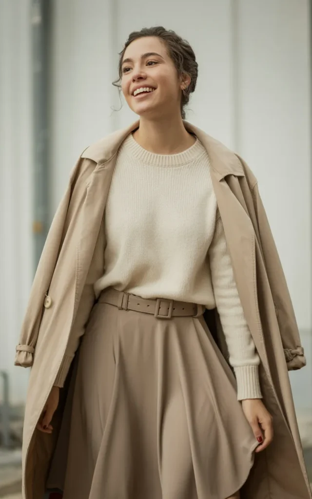 Wear a belted coat over a midi skirt and sweater