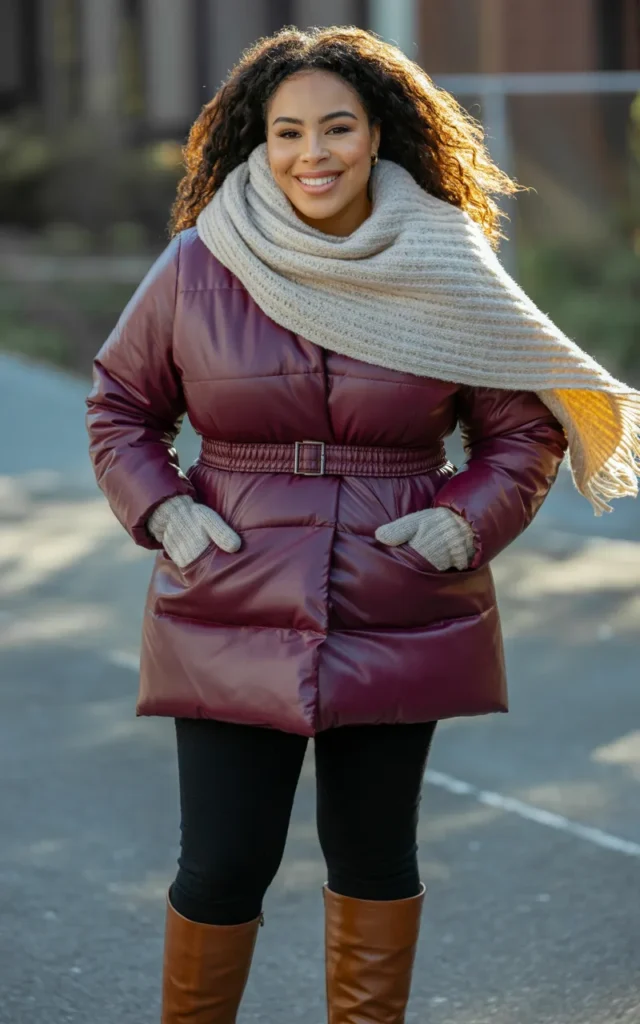 Wear a belted puffer coat with leggings and boots