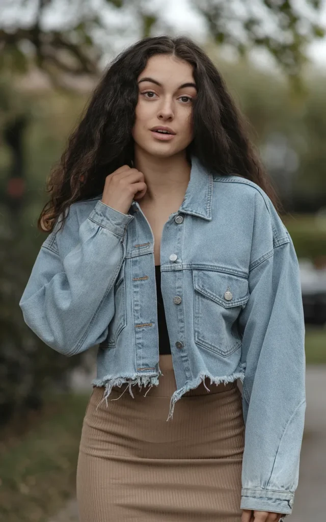 Wear a cropped denim jacket with a midi skirt and boots