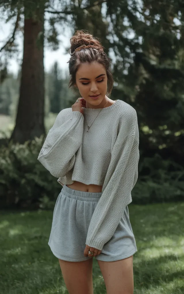 Wear a cropped knit sweater with grey shorts